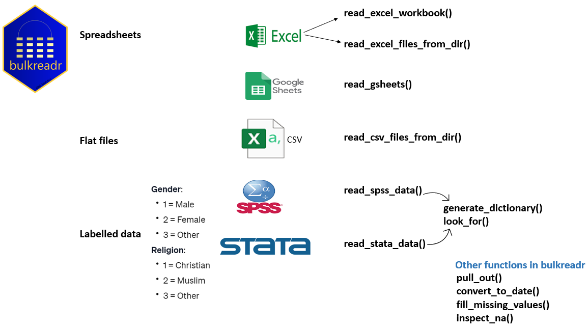 Concept map of the bulkreadr package showing three data categories and related functions. Under Spreadsheets, Excel links to read_excel_workbook() and read_excel_files_from_dir(), and Google Sheets links to read_gsheets(). Under Flat files, CSV links to read_csv_files_from_dir(). Under Labelled data, SPSS and Stata link to read_spss_data() and read_stata_data(), which connect to generate_dictionary() and look_for(). The map also lists other bulkreadr functions: pull_out(), convert_to_date(), fill_missing_values(), and inspect_na().